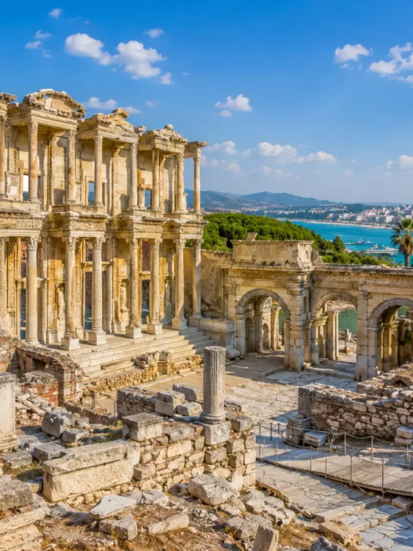 Ephesus and Kusadasi Turkey with ancient Roman ruins, Aegean coastal views, and bright morning atmosphere.