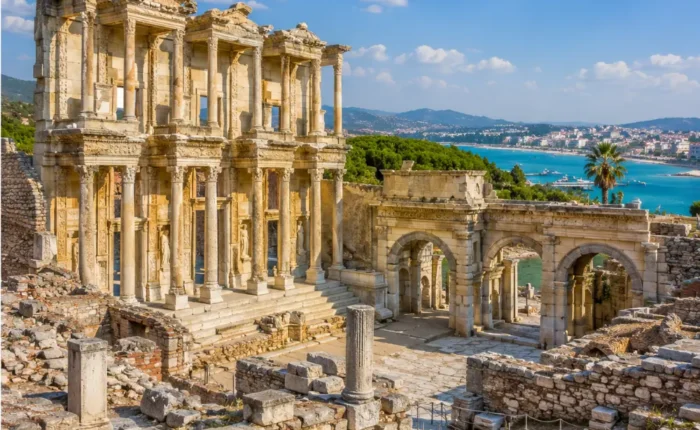 Ephesus and Kusadasi Turkey with ancient Roman ruins, Aegean coastal views, and bright morning atmosphere.