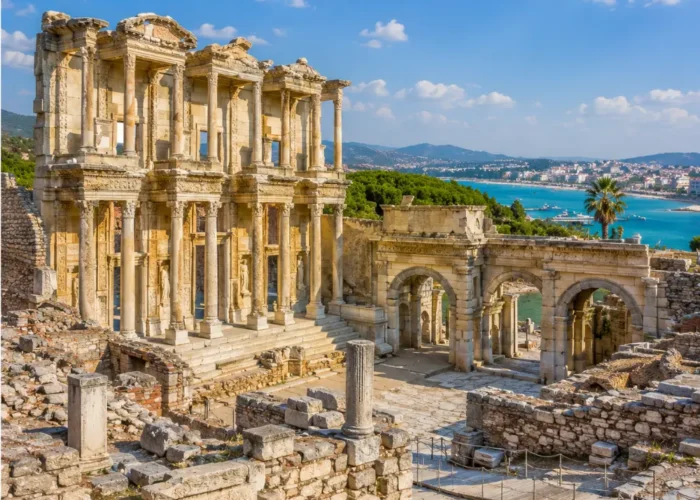 Ephesus and Kusadasi Turkey with ancient Roman ruins, Aegean coastal views, and bright morning atmosphere.