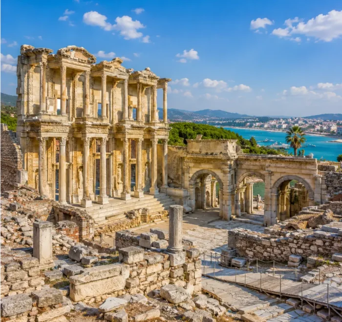 Ephesus and Kusadasi Turkey with ancient Roman ruins, Aegean coastal views, and bright morning atmosphere.