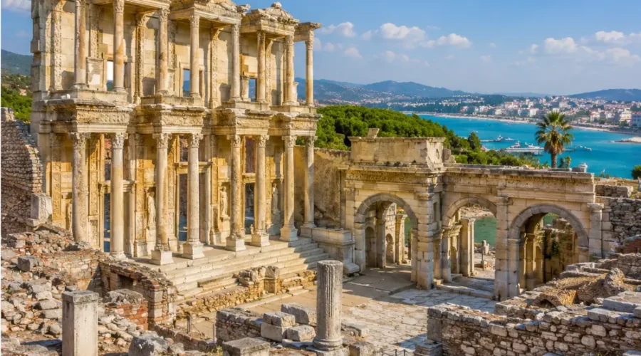 Ephesus and Kusadasi Turkey with ancient Roman ruins, Aegean coastal views, and bright morning atmosphere.