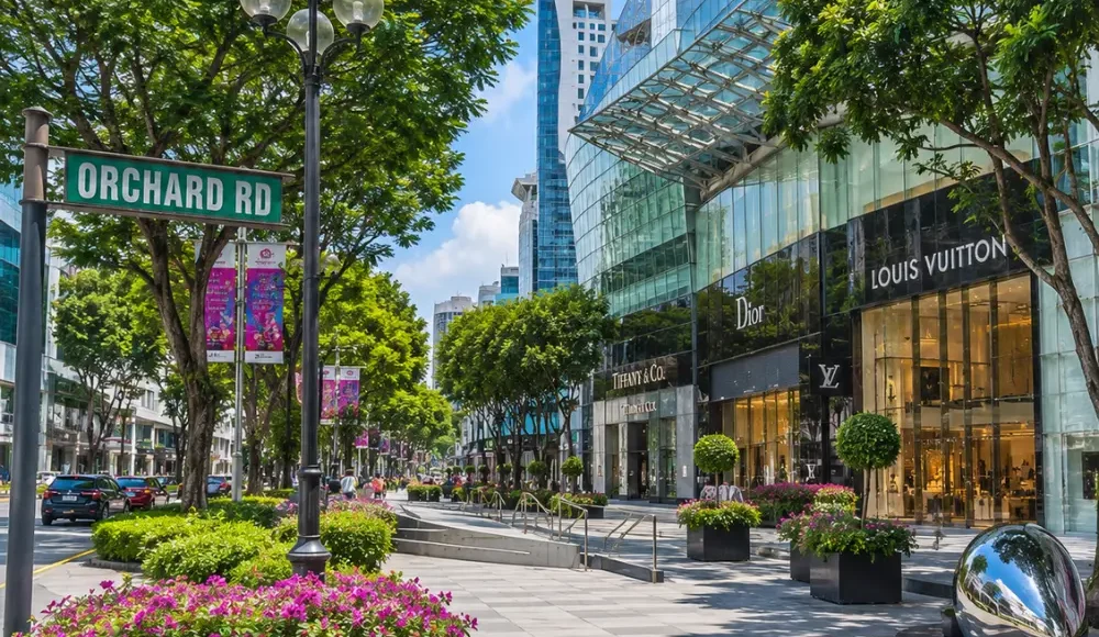Orchard Road Singapore with luxury malls, tree-lined boulevards, modern city views, and bright morning atmosphere.