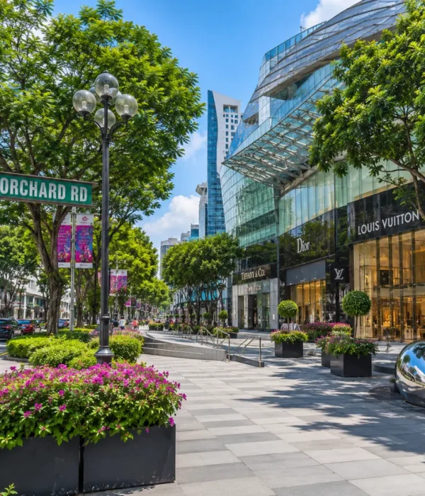 Orchard Road Singapore with luxury malls, tree-lined boulevards, modern city views, and bright morning atmosphere.