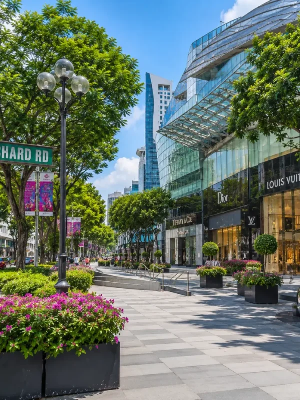 Orchard Road Singapore with luxury malls, tree-lined boulevards, modern city views, and bright morning atmosphere.