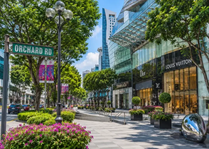 Orchard Road Singapore with luxury malls, tree-lined boulevards, modern city views, and bright morning atmosphere.