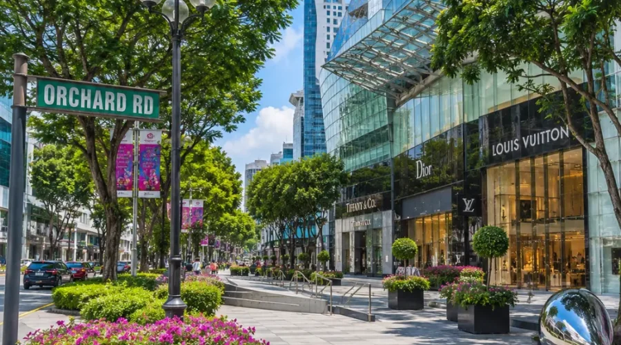Orchard Road Singapore with luxury malls, tree-lined boulevards, modern city views, and bright morning atmosphere.