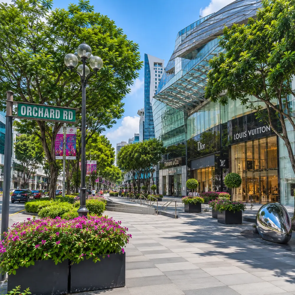 Orchard Road Singapore with luxury malls, tree-lined boulevards, modern city views, and bright morning atmosphere.