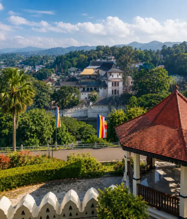 Kandy Sri Lanka with luxury hill resort, tea gardens, misty green mountains, and bright morning tropical atmosphere.