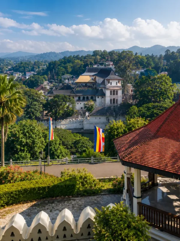 Kandy Sri Lanka with luxury hill resort, tea gardens, misty green mountains, and bright morning tropical atmosphere.