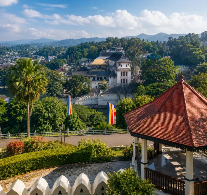 Kandy Sri Lanka with luxury hill resort, tea gardens, misty green mountains, and bright morning tropical atmosphere.