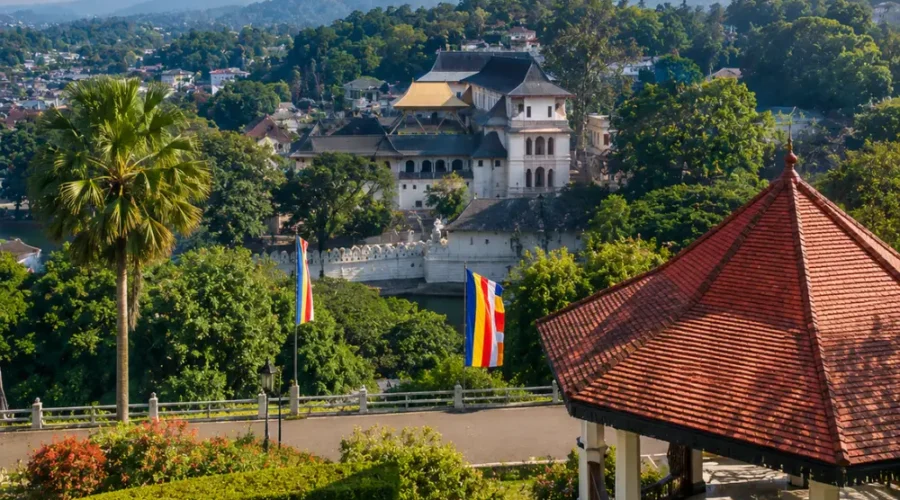Kandy Sri Lanka with luxury hill resort, tea gardens, misty green mountains, and bright morning tropical atmosphere.