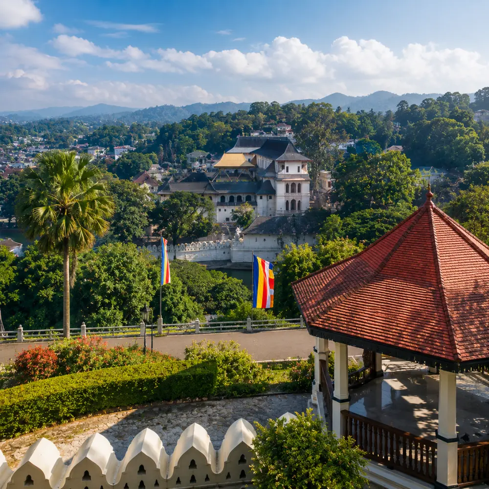 Kandy Sri Lanka with luxury hill resort, tea gardens, misty green mountains, and bright morning tropical atmosphere.
