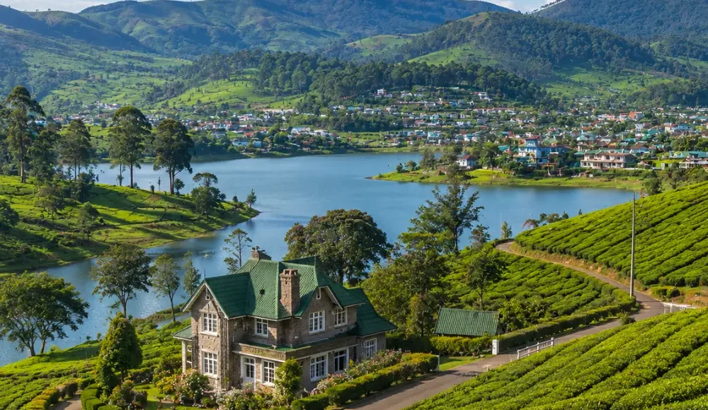 Nuwara Eliya Sri Lanka with tea plantations, colonial charm, green hills, and bright morning hill-country atmosphere.