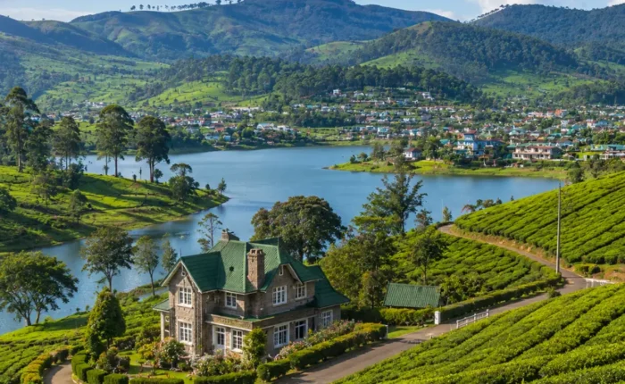 Nuwara Eliya Sri Lanka with tea plantations, colonial charm, green hills, and bright morning hill-country atmosphere.