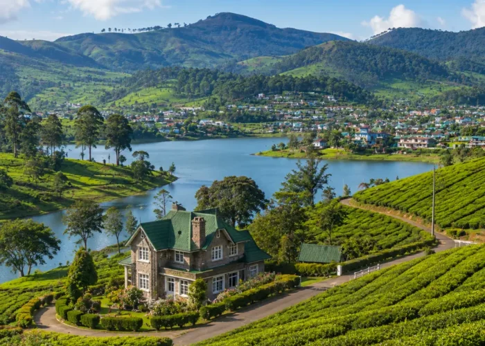Nuwara Eliya Sri Lanka with tea plantations, colonial charm, green hills, and bright morning hill-country atmosphere.