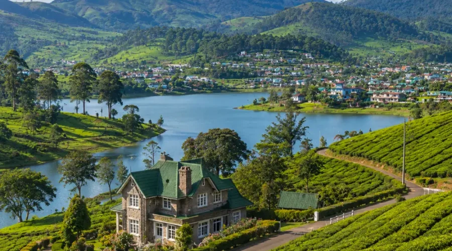 Nuwara Eliya Sri Lanka with tea plantations, colonial charm, green hills, and bright morning hill-country atmosphere.