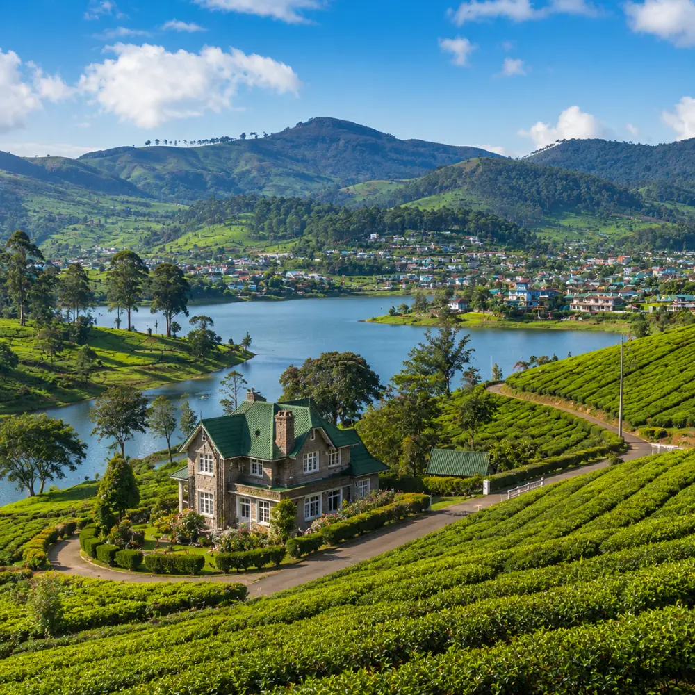 Nuwara Eliya Sri Lanka with tea plantations, colonial charm, green hills, and bright morning hill-country atmosphere.