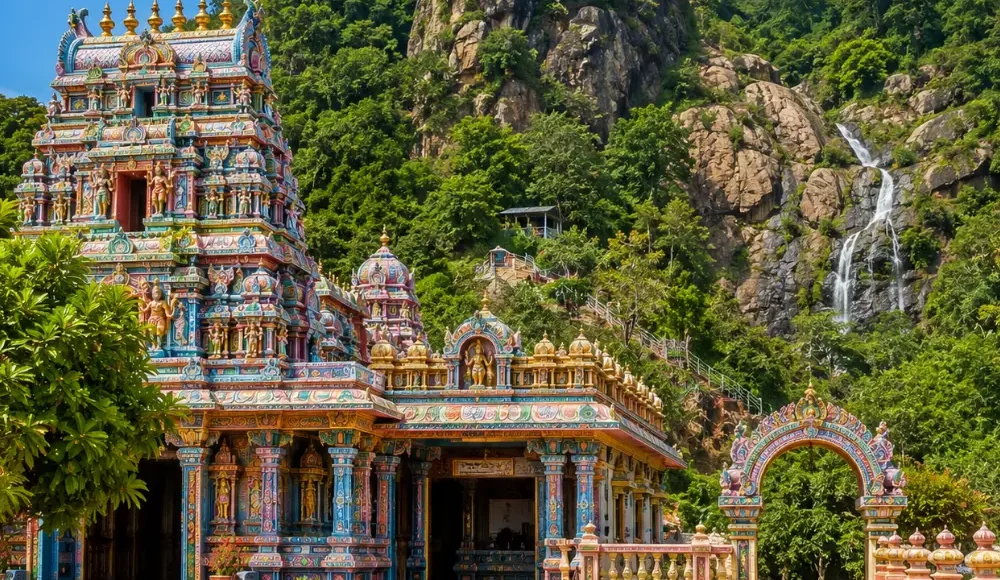 Seetha Amman Temple Sri Lanka with colorful Hindu architecture, green hills, and bright morning spiritual atmosphere.