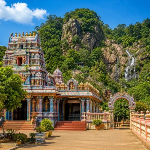 Seetha Amman Temple Sri Lanka with colorful Hindu architecture, green hills, and bright morning spiritual atmosphere.