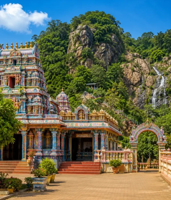 Seetha Amman Temple Sri Lanka with colorful Hindu architecture, green hills, and bright morning spiritual atmosphere.