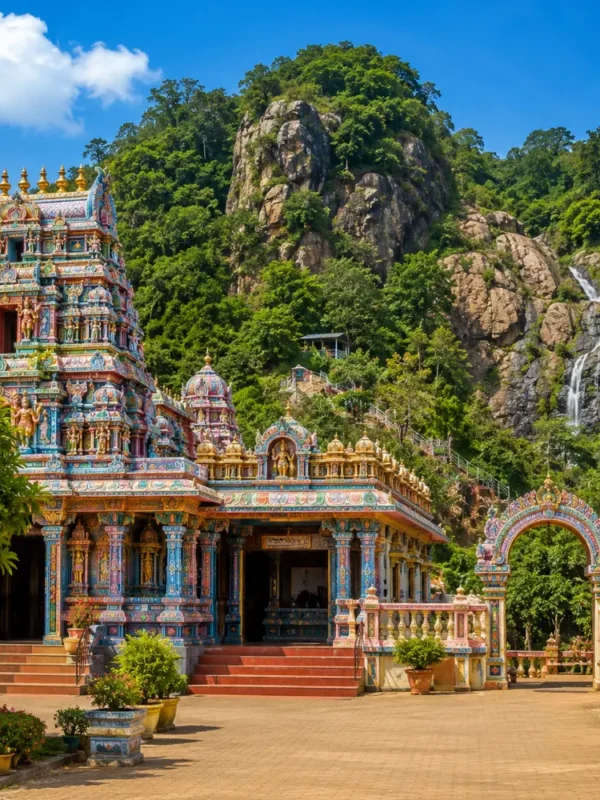 Seetha Amman Temple Sri Lanka with colorful Hindu architecture, green hills, and bright morning spiritual atmosphere.