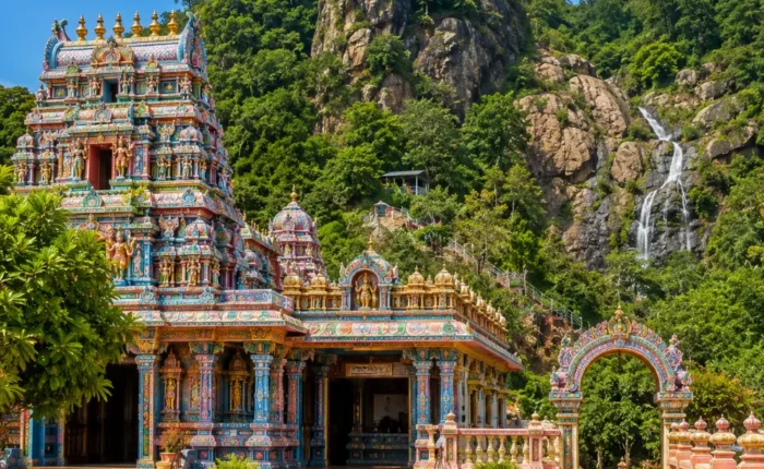 Seetha Amman Temple Sri Lanka with colorful Hindu architecture, green hills, and bright morning spiritual atmosphere.