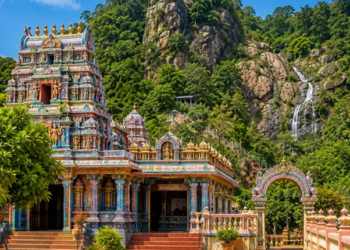 Seetha Amman Temple Sri Lanka with colorful Hindu architecture, green hills, and bright morning spiritual atmosphere.