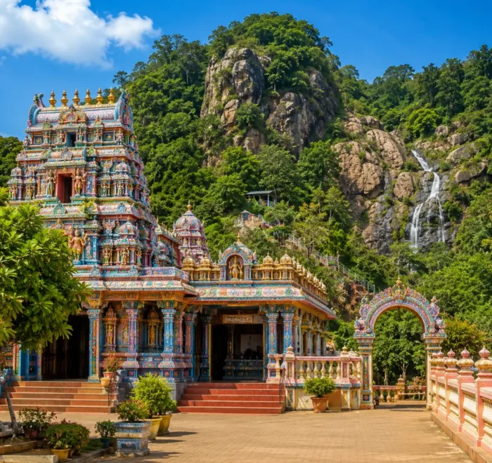 Seetha Amman Temple Sri Lanka with colorful Hindu architecture, green hills, and bright morning spiritual atmosphere.