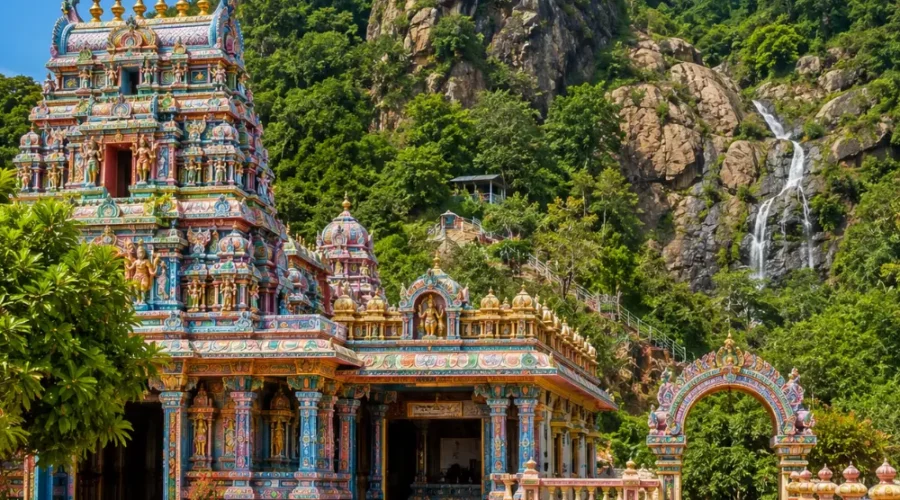 Seetha Amman Temple Sri Lanka with colorful Hindu architecture, green hills, and bright morning spiritual atmosphere.
