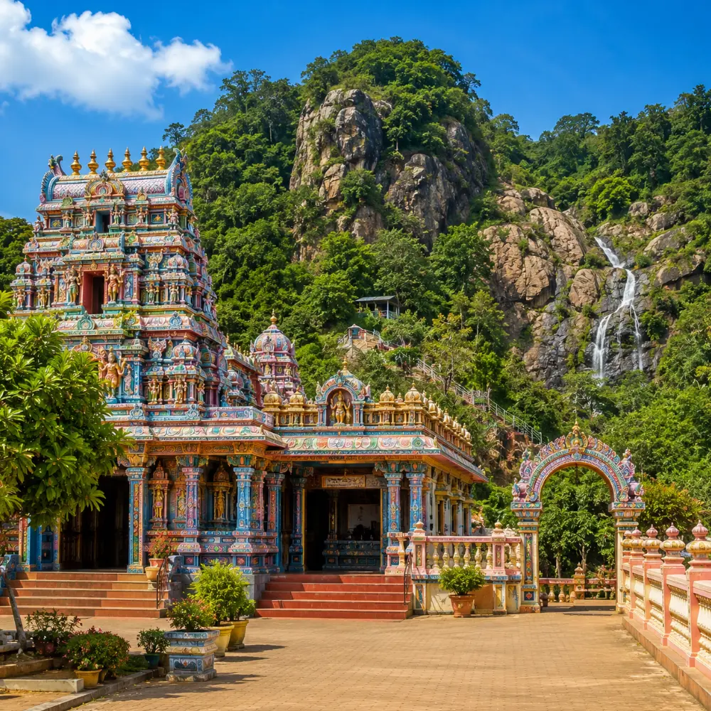 Seetha Amman Temple Sri Lanka with colorful Hindu architecture, green hills, and bright morning spiritual atmosphere.