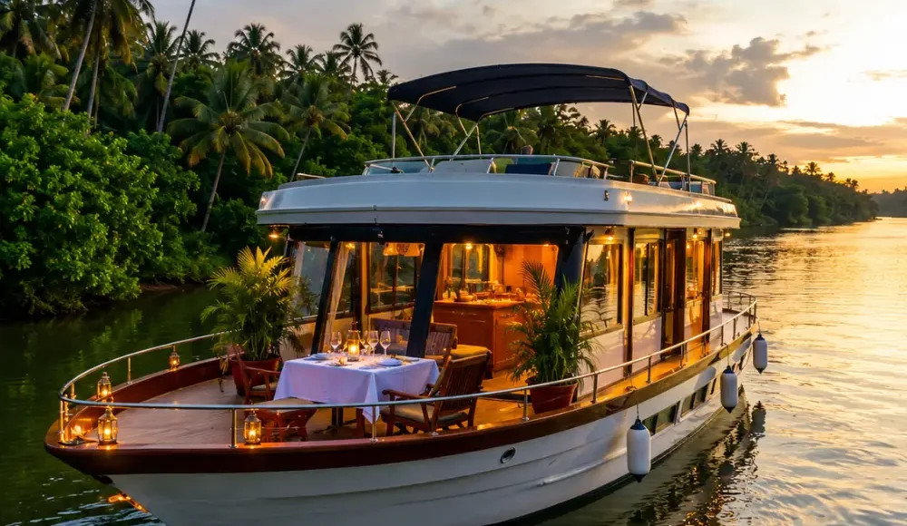 Romantic Bentota cruise in Sri Lanka with calm river, tropical palms, luxury boat, and bright morning atmosphere.