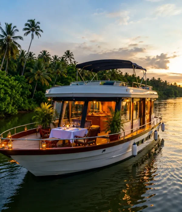Romantic Bentota cruise in Sri Lanka with calm river, tropical palms, luxury boat, and bright morning atmosphere.