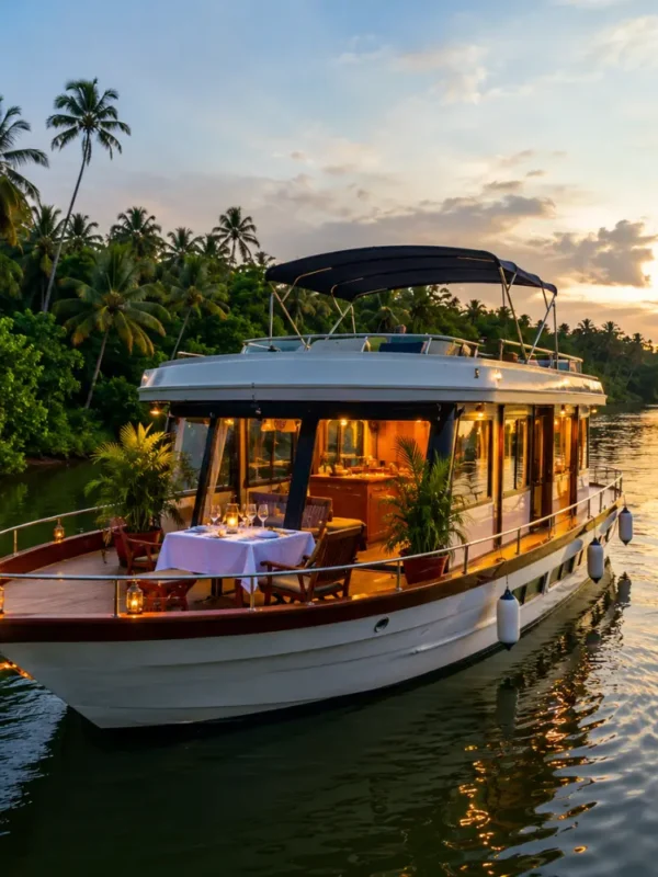 Romantic Bentota cruise in Sri Lanka with calm river, tropical palms, luxury boat, and bright morning atmosphere.