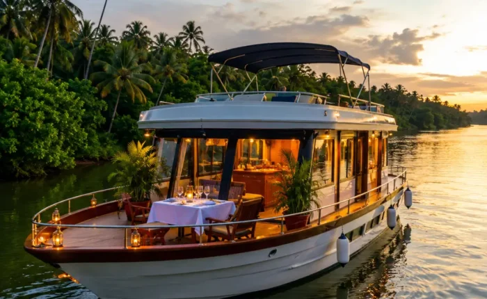 Romantic Bentota cruise in Sri Lanka with calm river, tropical palms, luxury boat, and bright morning atmosphere.