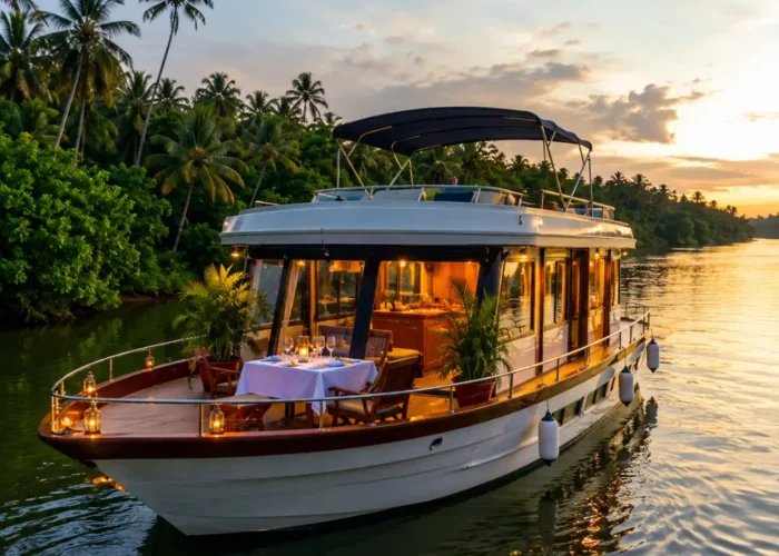 Romantic Bentota cruise in Sri Lanka with calm river, tropical palms, luxury boat, and bright morning atmosphere.