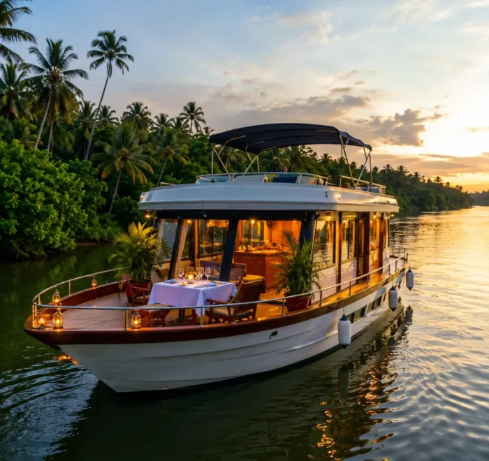 Romantic Bentota cruise in Sri Lanka with calm river, tropical palms, luxury boat, and bright morning atmosphere.