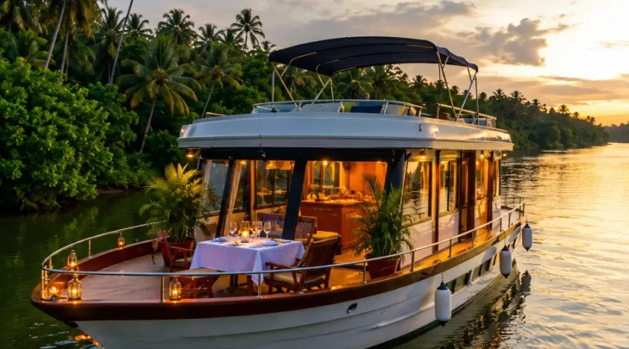 Romantic Bentota cruise in Sri Lanka with calm river, tropical palms, luxury boat, and bright morning atmosphere.