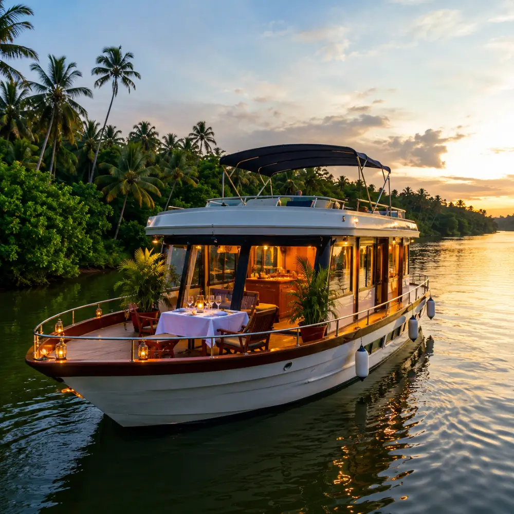 Romantic Bentota cruise in Sri Lanka with calm river, tropical palms, luxury boat, and bright morning atmosphere.