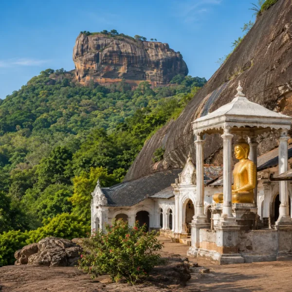 A breathtaking view of Sigiriya Rock Fortress rising dramatically above lush green forests alongside the ancient Dambulla Cave Temple with its golden Buddha statue, showcasing Sri Lanka's rich cultural heritage under a bright blue daytime sky.