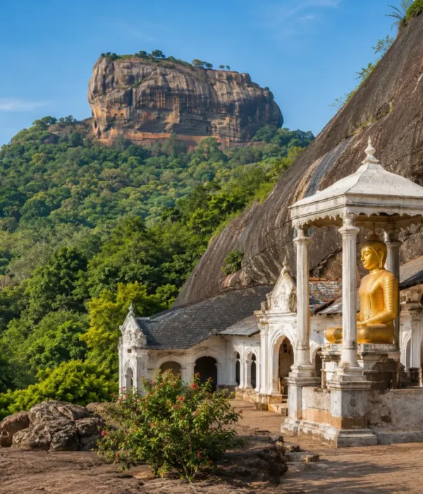 A breathtaking view of Sigiriya Rock Fortress rising dramatically above lush green forests alongside the ancient Dambulla Cave Temple with its golden Buddha statue, showcasing Sri Lanka's rich cultural heritage under a bright blue daytime sky.