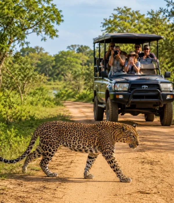 Yala National Park safari in Sri Lanka with a rugged jeep, wild grasslands, jungle scenery, and bright morning light.