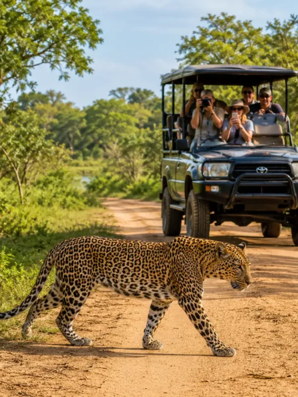 Yala National Park safari in Sri Lanka with a rugged jeep, wild grasslands, jungle scenery, and bright morning light.