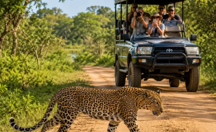 Yala National Park safari in Sri Lanka with a rugged jeep, wild grasslands, jungle scenery, and bright morning light.