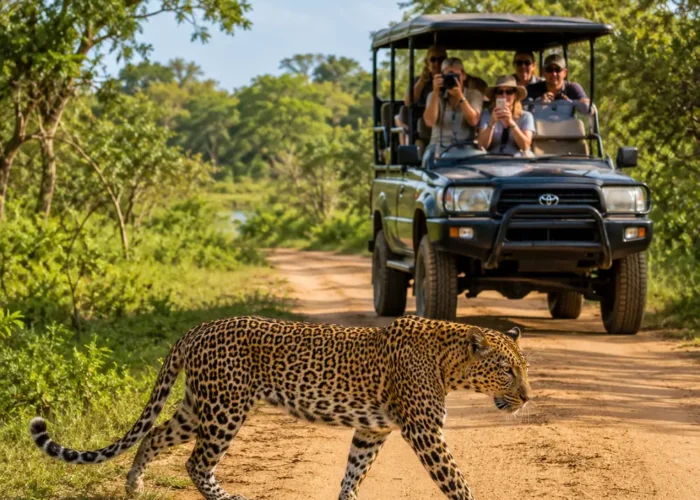Yala National Park safari in Sri Lanka with a rugged jeep, wild grasslands, jungle scenery, and bright morning light.