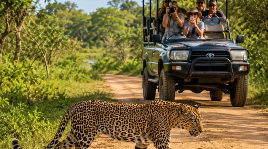 Yala National Park safari in Sri Lanka with a rugged jeep, wild grasslands, jungle scenery, and bright morning light.
