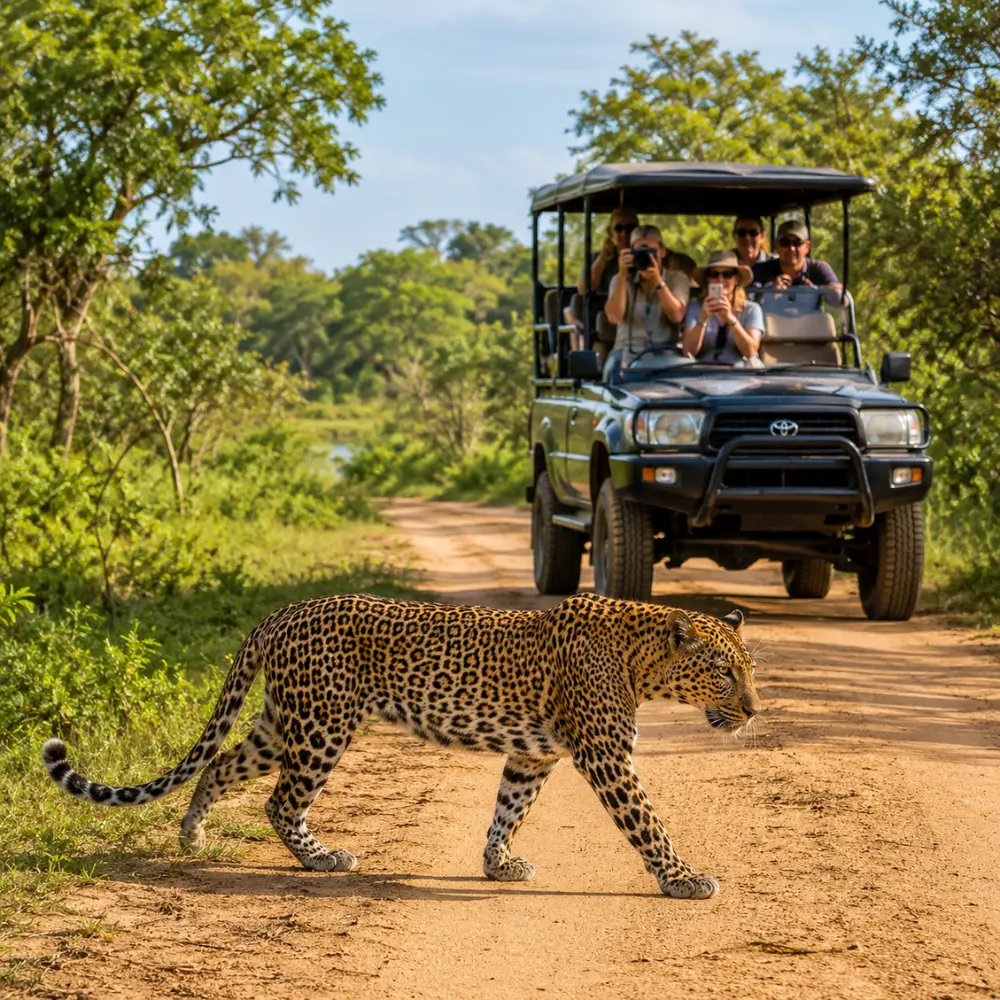 Yala National Park safari in Sri Lanka with a rugged jeep, wild grasslands, jungle scenery, and bright morning light.