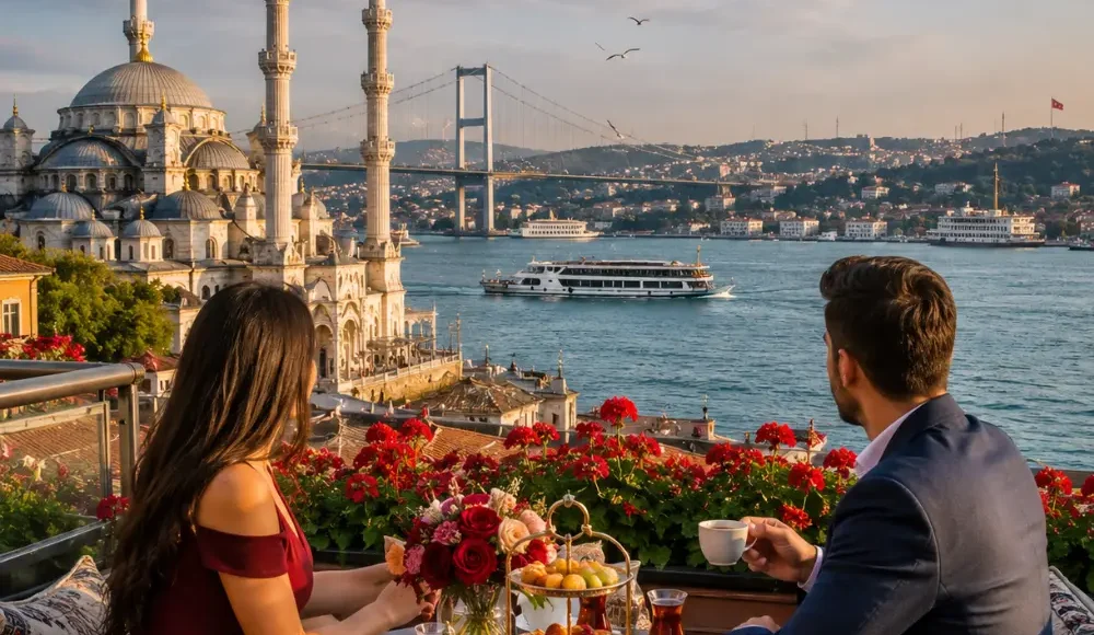 Romantic Istanbul tour with Bosphorus views, historic mosques, elegant waterfront, and bright morning atmosphere.