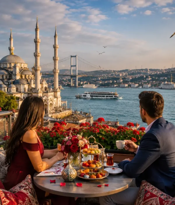Romantic Istanbul tour with Bosphorus views, historic mosques, elegant waterfront, and bright morning atmosphere.