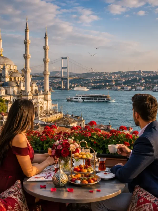 Romantic Istanbul tour with Bosphorus views, historic mosques, elegant waterfront, and bright morning atmosphere.