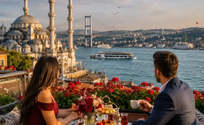Romantic Istanbul tour with Bosphorus views, historic mosques, elegant waterfront, and bright morning atmosphere.